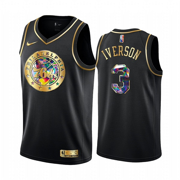 Men's Philadelphia 76ers #3 Allen Iverson 2021/22 Black Golden Edition 75th Anniversary Diamond Logo Stitched Basketball Jersey Men's Philadelphia 76ers #3 Allen Iverson 2021/22 Black Golden Edition 75th Anniversary Diamond Logo Stitched Basketball Jersey